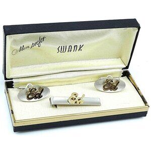 ED Name Vintage Cufflinks and Tie Clip Bar Set Swank NOS in Original Box 1950s